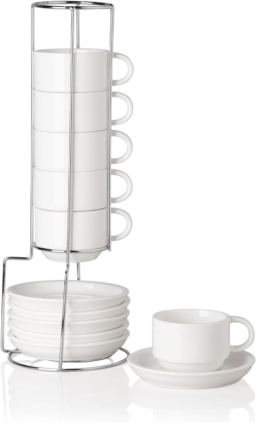 Sweejar Ceramic Espresso Cups Set of 6, Espresso Cup Stackable, 4 Oz Stackable Cappuccino Cups with Saucers and Metal Stand for Coffee Drinks, Americano, Latte, Tea (White)