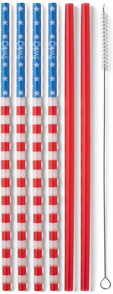 Swig Life Reusable Straws Stars & Stripes + Red Tall Straw Set & Cleaning Brush, Each Straw is 10.25 inch Long (Fits Swig Life 20oz Tumblers, 22oz, and 32oz Tumblers)