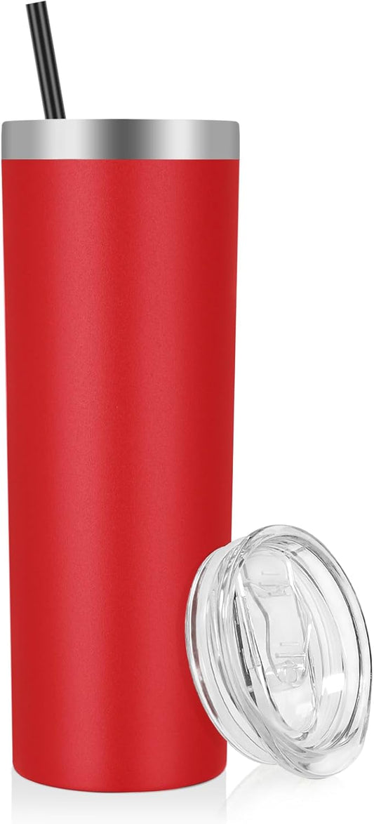 VEGOND 20 oz Stainless Steel Skinny Tumbler with Lids and Straws, 20oz Double Wall Insulated Slim Tumbler Cup for Cold Hot Drinks, Red 1 Pack