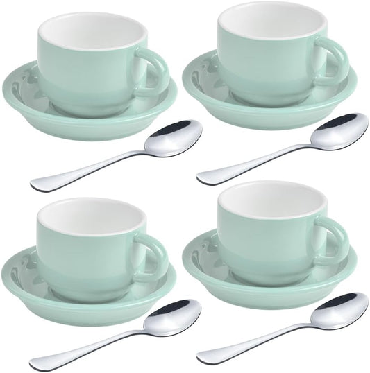 homEdge Premium Espresso Shot Cups and Saucers Set with Espresso Stainless Steel Spoons - 2.5 oz, Set of 4, Mint Green