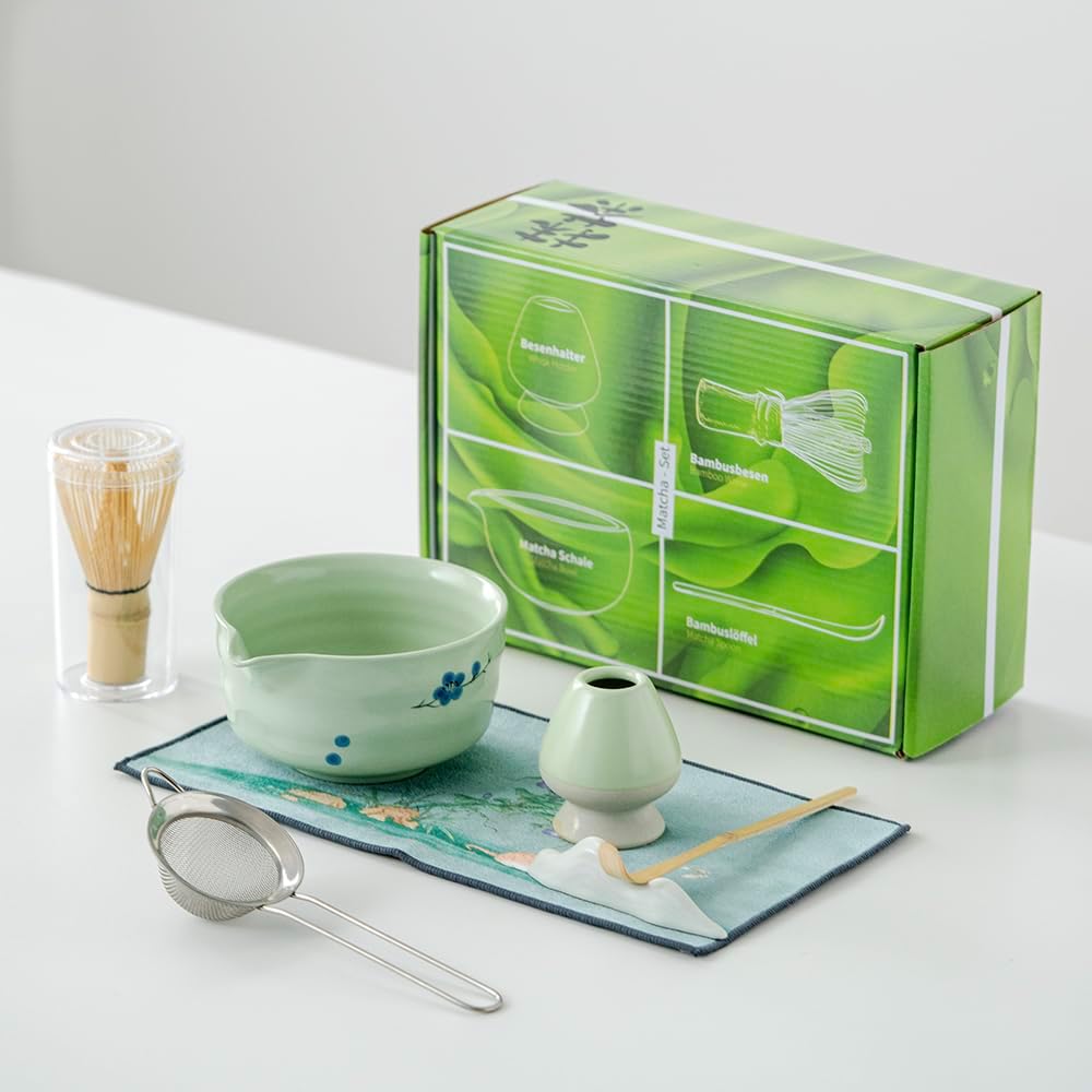 matcha whisk set, including matcha bowl, matcha whisk and stand, sieve, spoon, cloth mat, gift for matcha set(Light green)