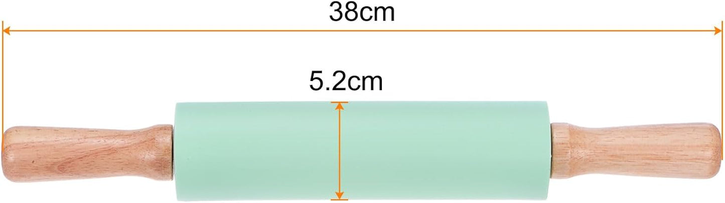 HARFINGTON Silicone Rolling Pins for Baking 14.96 Inch Non-Stick Silicone Surface Wooden Handle Rolling Pin Small Roller Playdough Rolling Pins for Fondant Kitchen Dough Pizza, Green