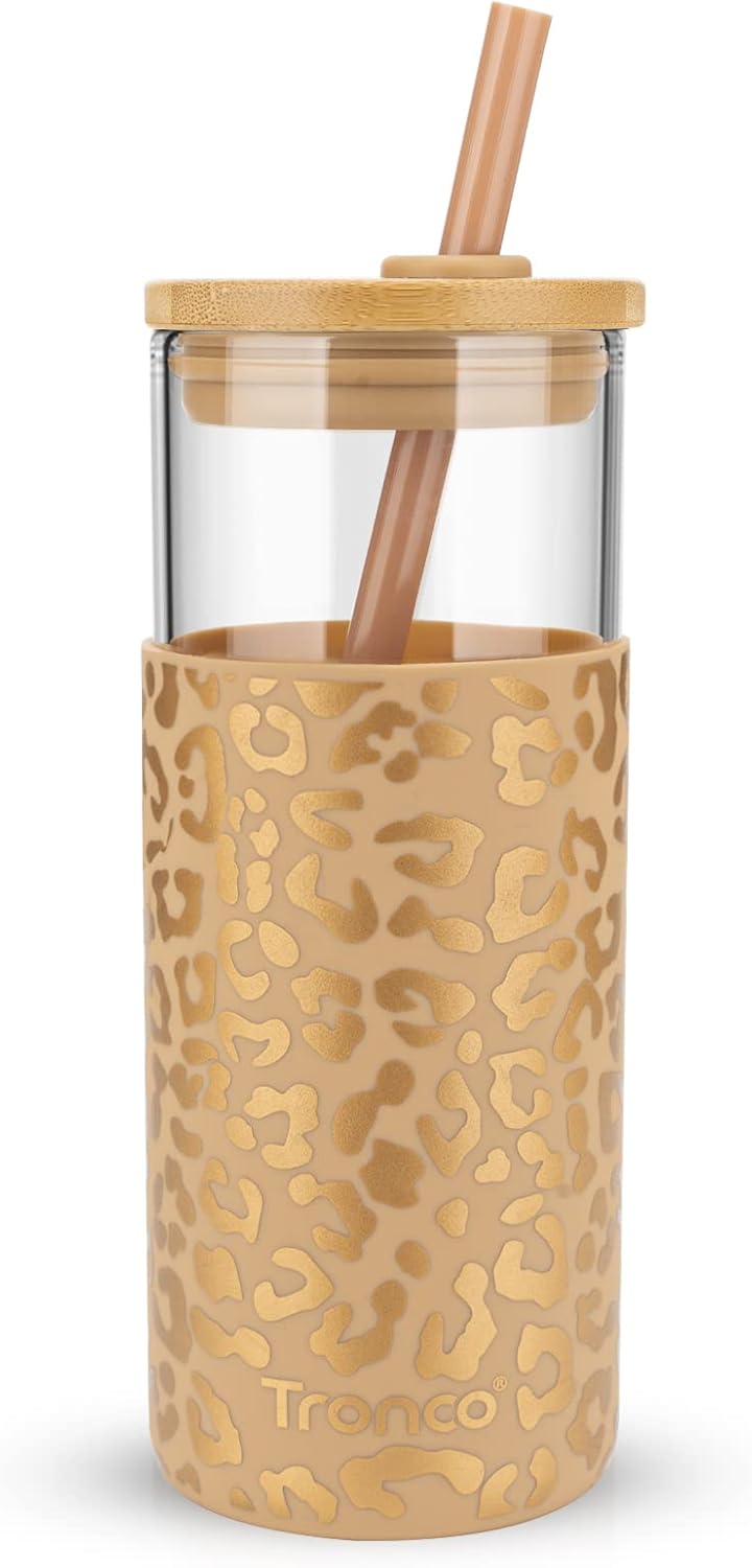 Tronco 20 oz Glass Tumbler with Straw and Lid- Glass Cup with Lid and Straw, Iced Coffee Cup Reusable, Smoothie Cups, Bamboo Lid and Protective Silicone Sleeve - BPA-Free