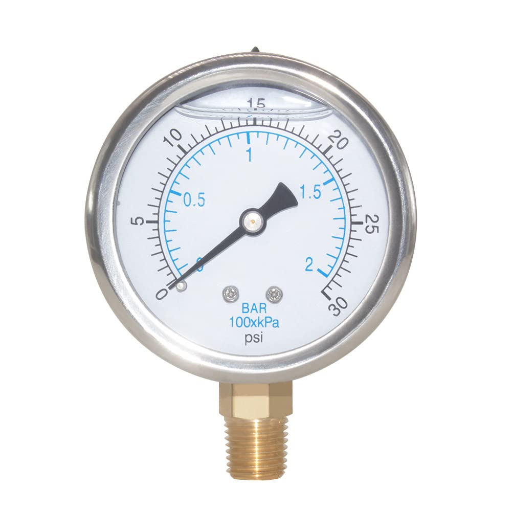 2-1/2" Dial 1/4" NPT 0~30Psi 304 Stainless Steel Glycerin Filled Pressure Gauge Bottom Mount