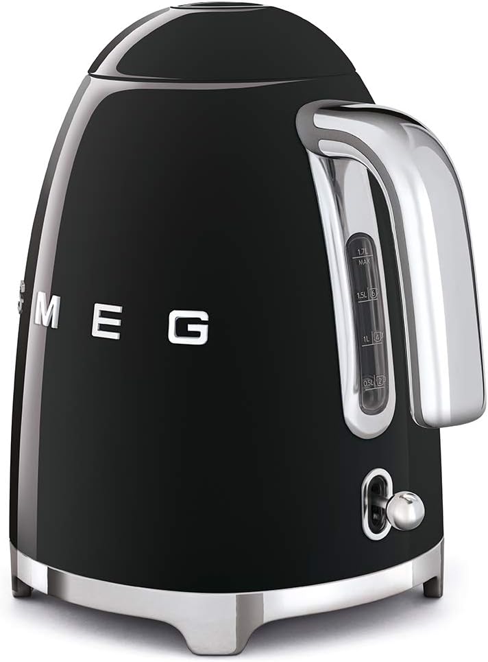 SMEG 50's Retro Style Electric Water Kettle with Automatic Shutoff, Removable Base, and Water Indicator, KLF03BLUS, Black