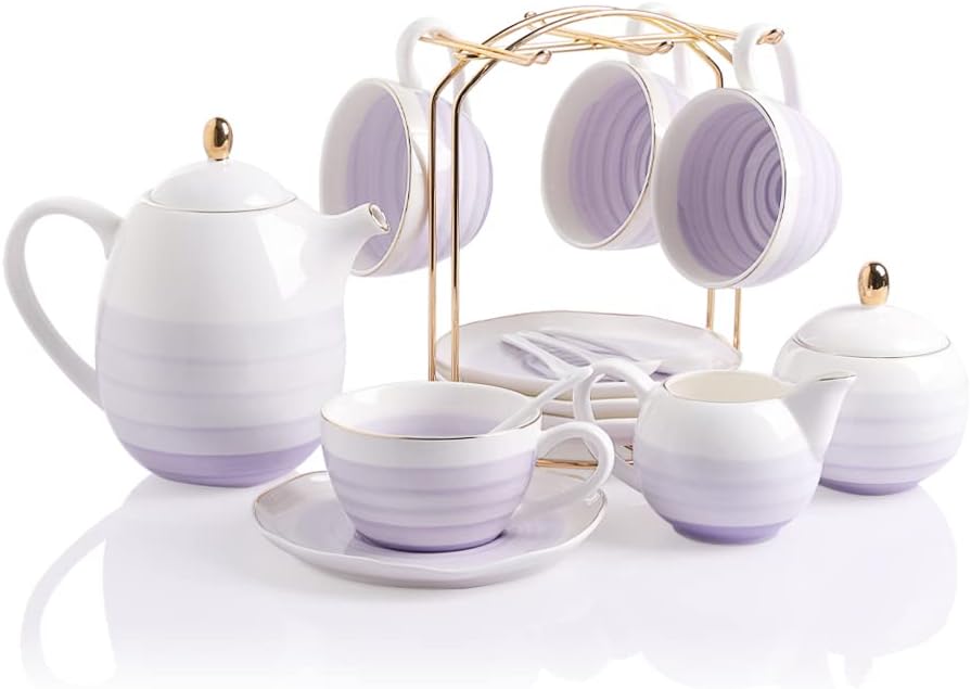 Sweejar Porcelain Tea Sets, 8 OZ Cups & Saucer Service for 4, Teapot Sugar Bowl Cream Pitcher Teaspoons and Tea Strainer for Adult Tea Coffee Afternoon Party (Purple)
