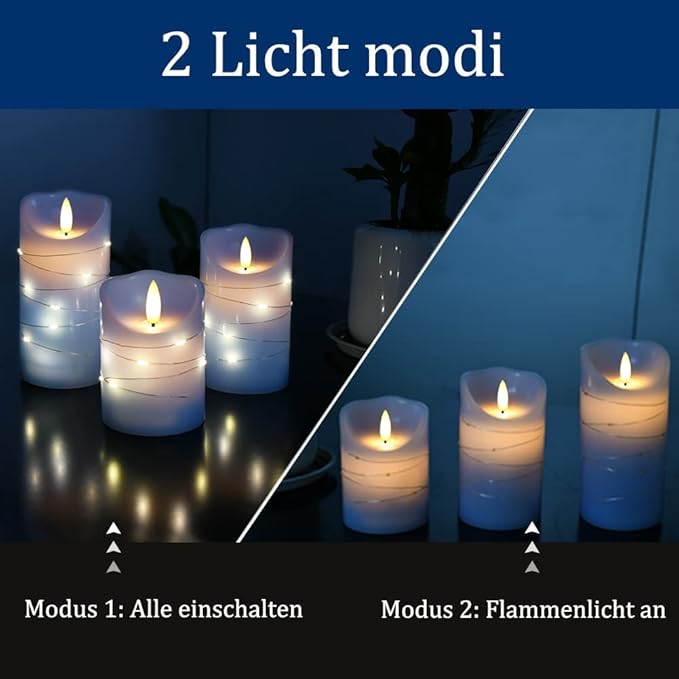 danip Sky Blue LED Flameless Candle, with Embedded Star String, 3-Piece Set of LED Candles, with 11 Button Remote Control, 24-Hour Timer Function, Dancing Flames, Real Wax, Battery Powered.
