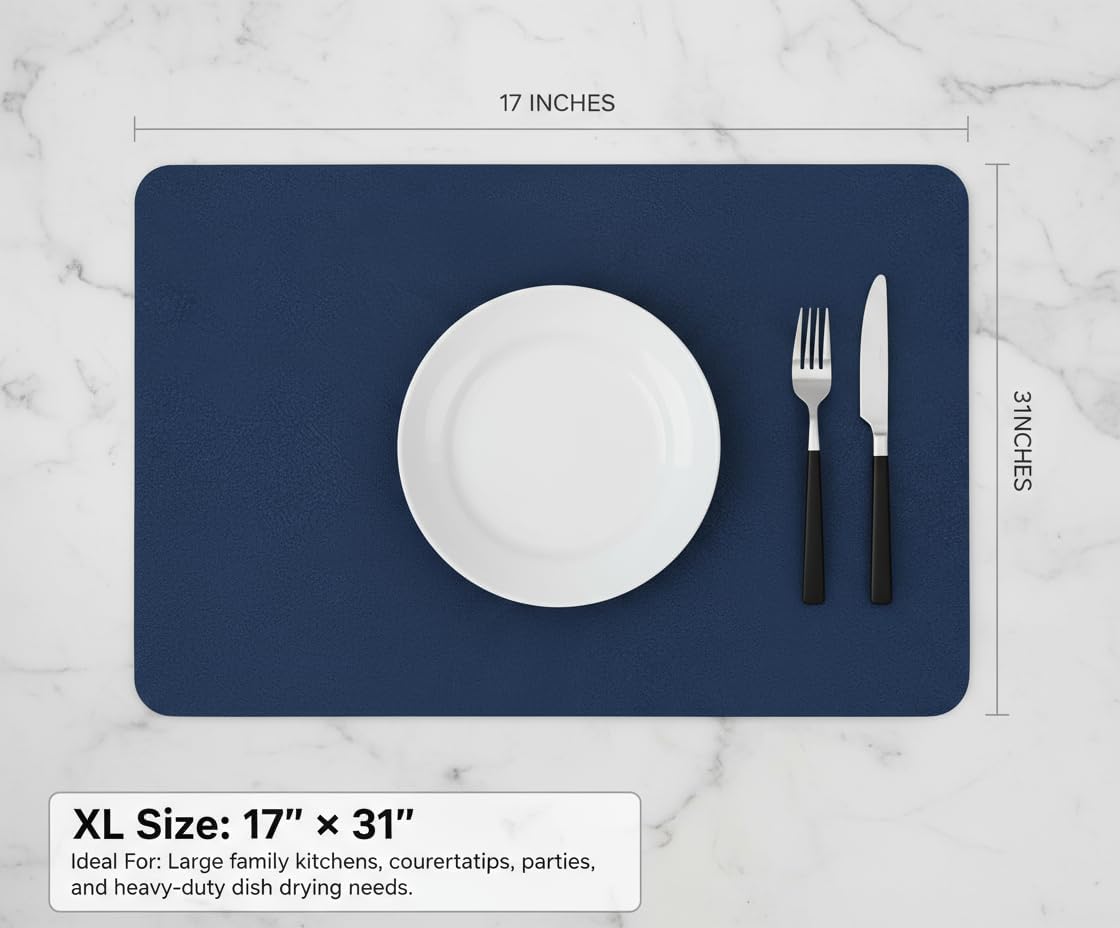 Dish Drying Mat Super Absorbent – 17" x 31" Coffee Mat for Countertops – Non-Slip Drying Mat for Kitchen Counter – Easy to Clean Water Absorbent Mat – XLarge Dish Drying Mats (Navy Blue)