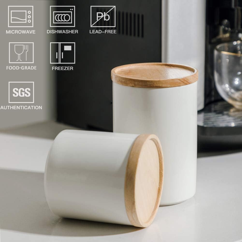 Sweejar Kitchen Canisters Ceramic Food Storage Jar, Stackable Containers with Airtight Seal Wooden Lid for Serving Ground Coffee, Tea, Sugar, Salt and More - 28 Fl Oz (White)