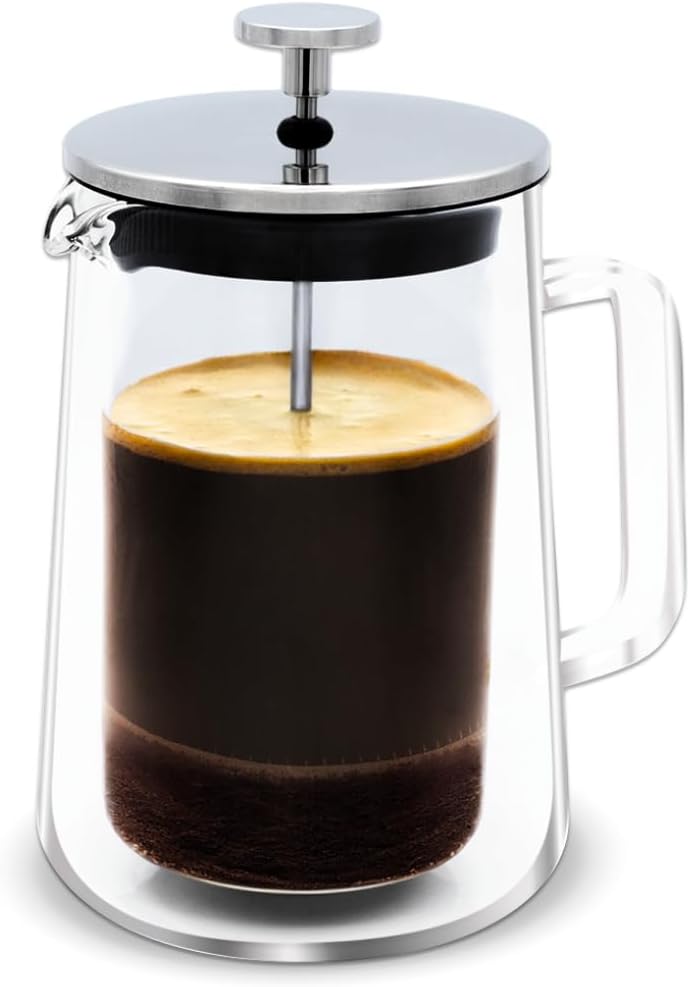 French Press Coffee & Tea Maker, 20 Ounce (500ml) – Thickened Double Wall Borosilicate Glass, 2-Cup, BPA Free, Small Coffee Press for Home, Office, Dorm, Gifts