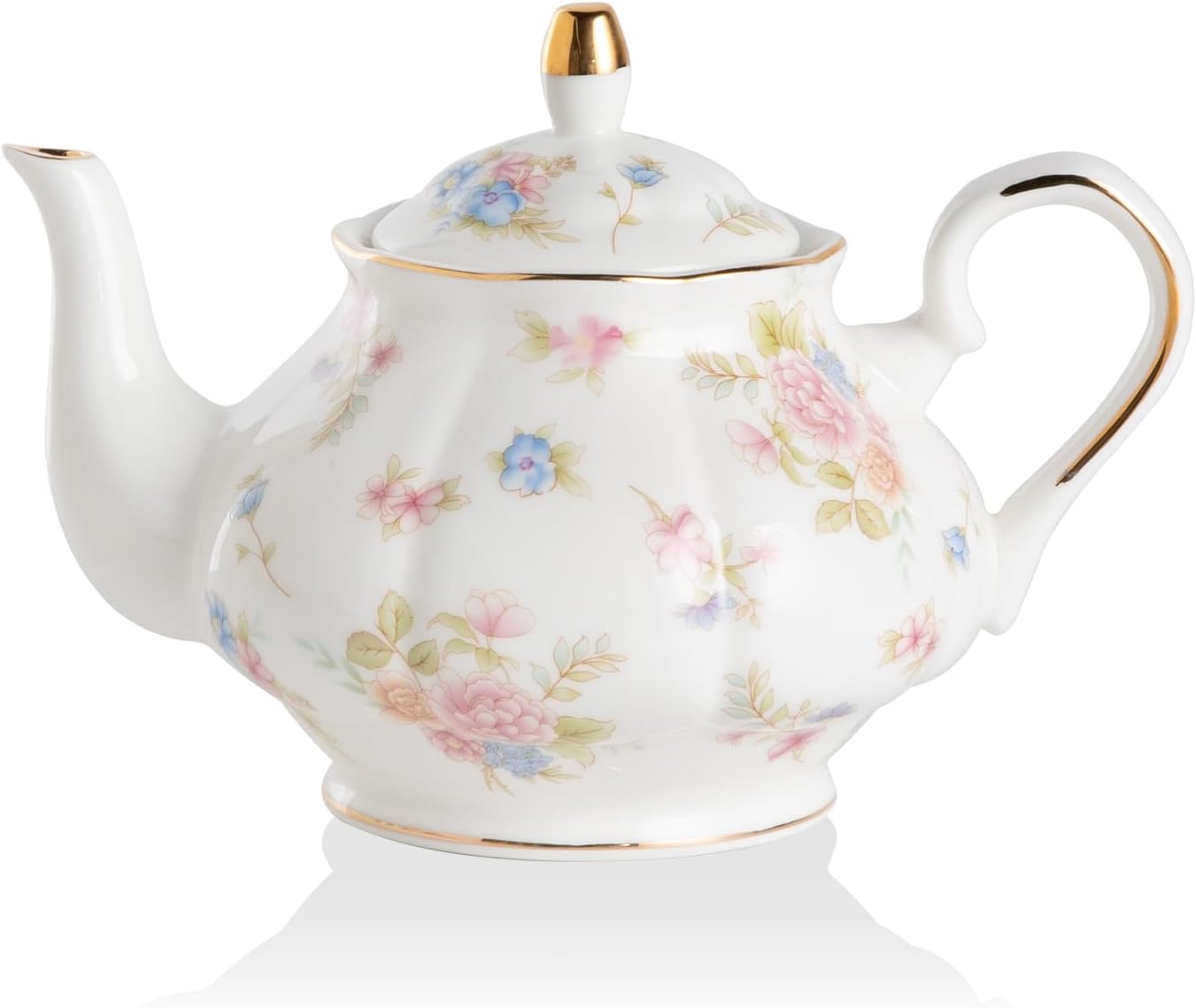 Sweejar Ceramic Teapot with Infuser, Floral Relief Gold Rimmed Teapot, 29 OZ Porcelain Tea Pot for Blooming and Loose Tea, Coffee...(Small Flower)