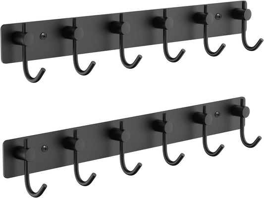 VAEHOLD Wall Hooks for Hanging, Black Coat Rack Wall Mount with 6 Coat Hooks, Towel Hanger, Hat Hooks, Robes Hook in Bathroom, Bedroom, Kitchen, Living Room (2 Pack)