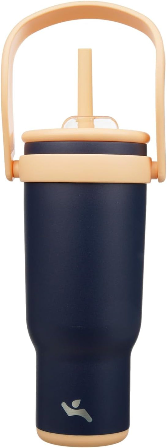 40 oz Tumbler with Side Handle, Insulated Water Bottle with Straw and 2 in 1 Lid, Stainless Steel Cup Travel Coffee Mug for Sports Office Gym,Navy Blue