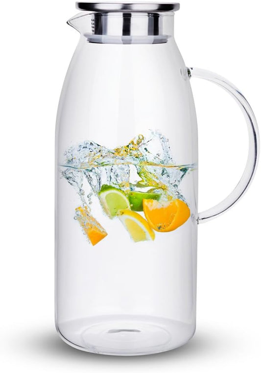 Purefold 100 Ounces Large Glass Pitcher with Lid, Hot/Cold Water Pitcher with Handle, Juice and Iced Tea Beverage Carafe
