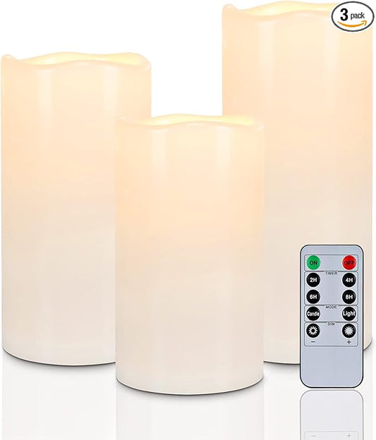 Homemory 6" 8" 10" x 4" Waterproof Outdoor Flameless Candles, Battery Operated Flickering LED Pillar Candles with Remote and Timers for Indoor, Plastic, Ivory White