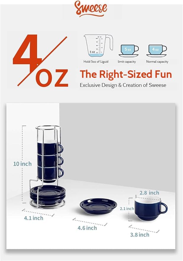 Sweese 4 Ounce Porcelain Stackable Espresso Cups with Saucers and Metal Stand Set of 4, Navy