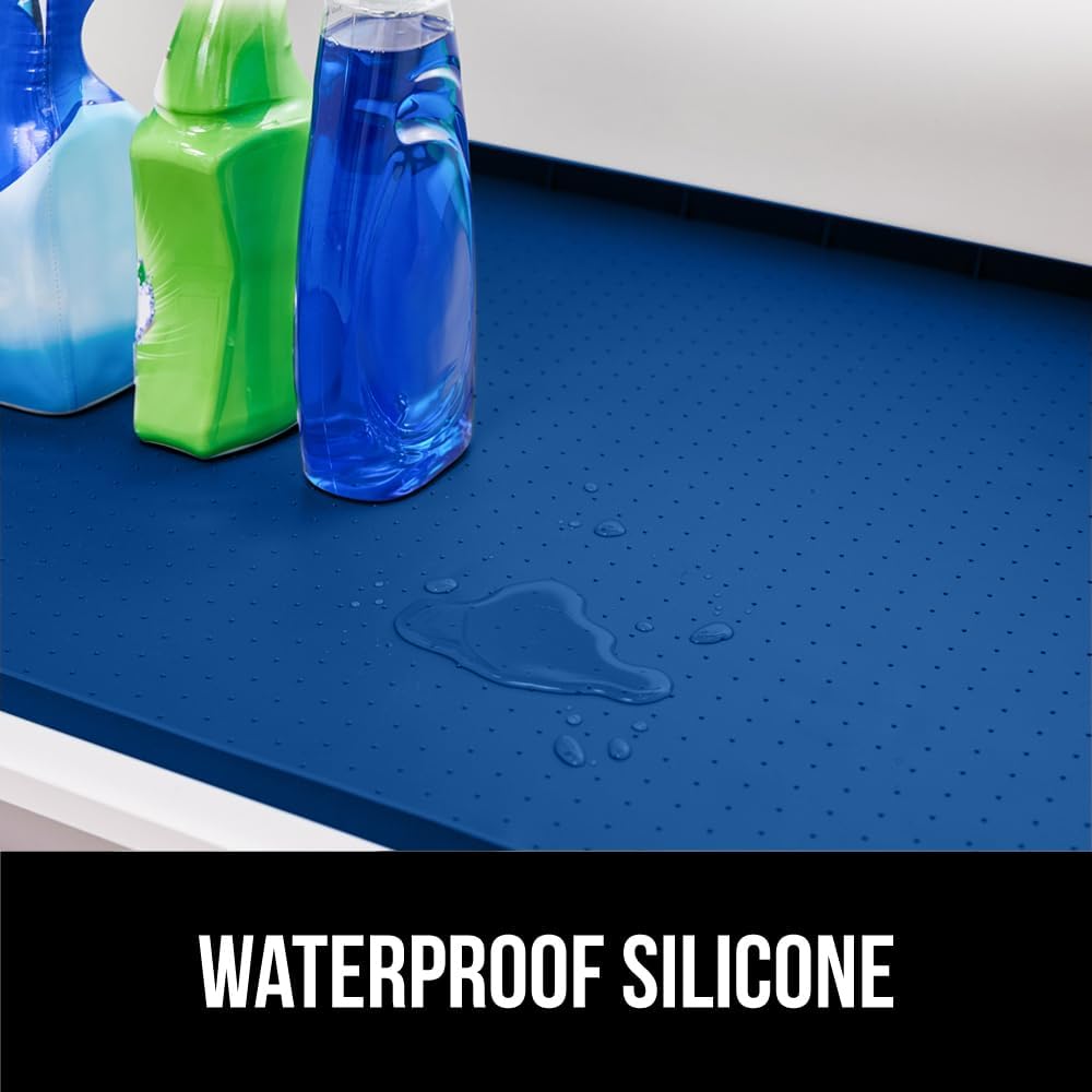 GORILLA GRIP Waterproof Silicone Under Sink Mat with Raised Lip for Kitchen and Bathroom, Cabinet Shelf Liner Stay in Place Mats Dishwasher Safe Drawer Liner, Organizer Tray, 15 x 22 in, Blue