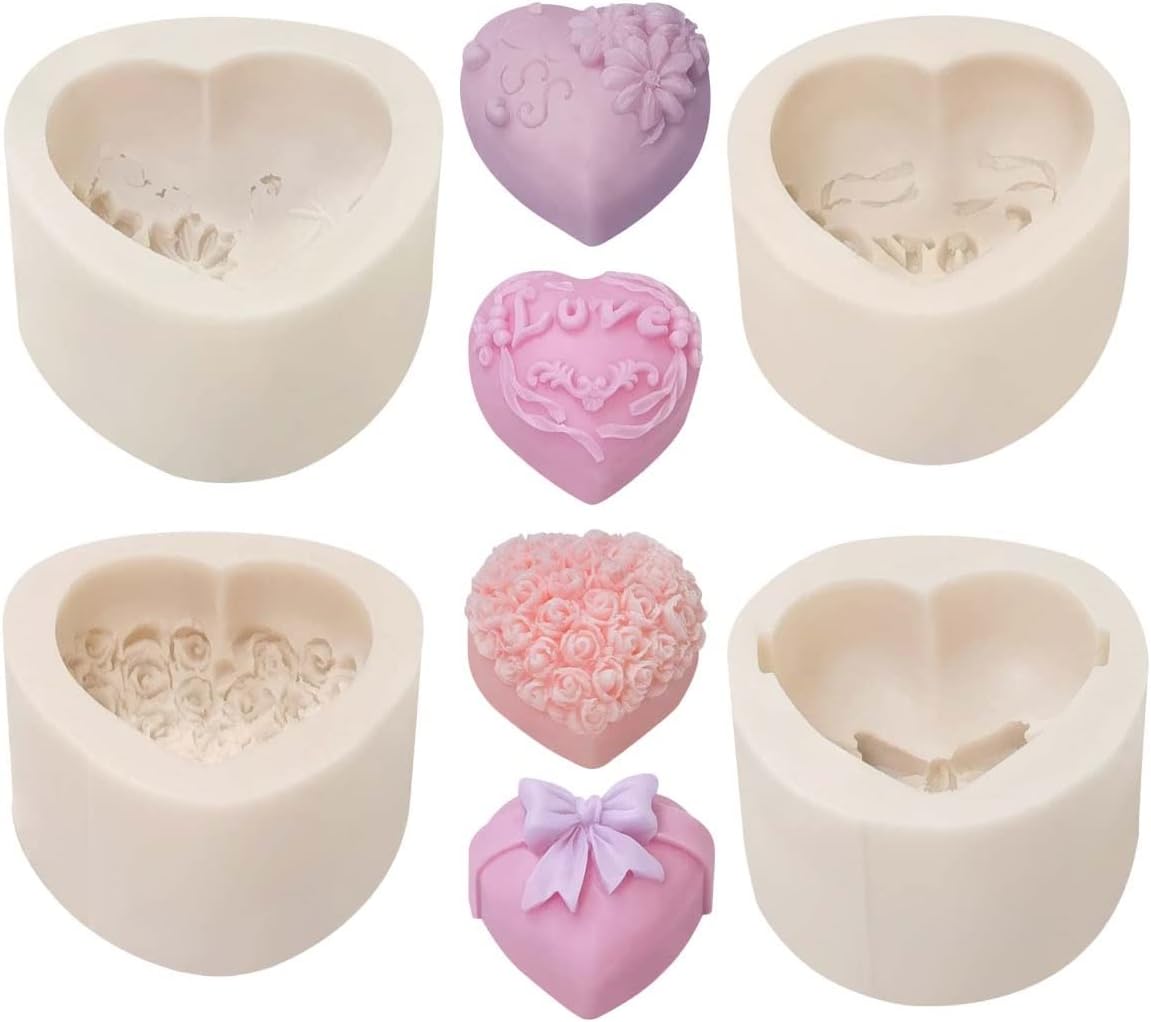 4 Pack Heart Resin Rose Flower Silicone Mold for Candle, Cake, Soap, Candy - Round Shape