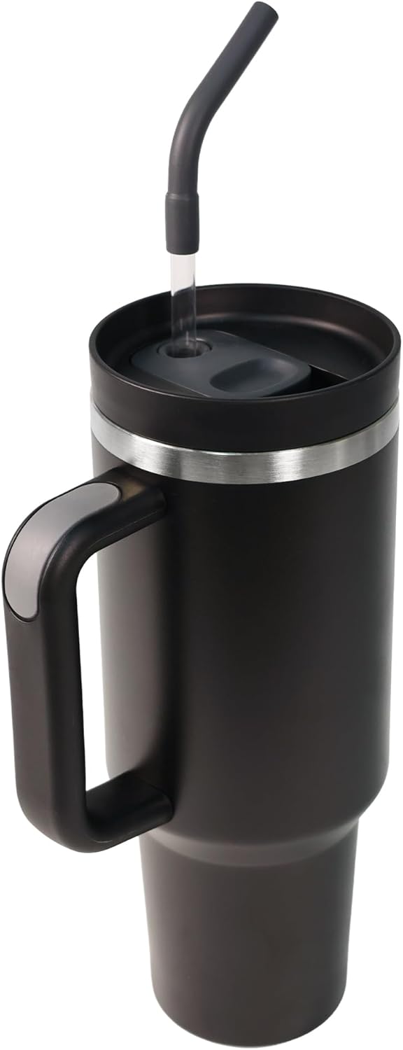 40 oz Water Bottle with Handle & Straw – Insulated Stainless Steel Bottle, Leakproof, Fits in Cup Holder – Reusable Cold Drink Thermos for Women & Men (Black)