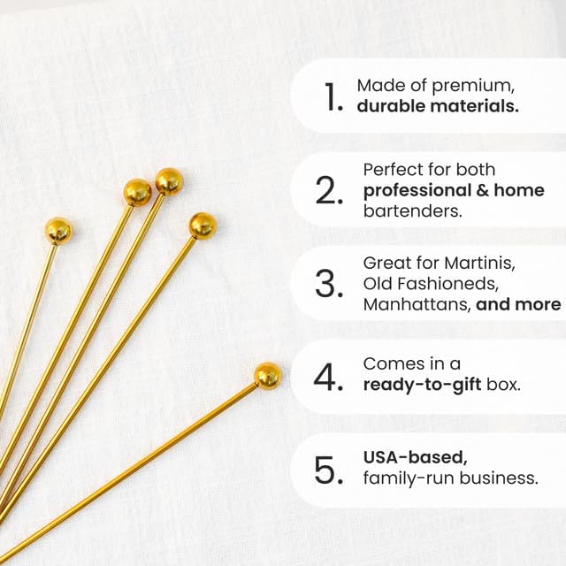 A Bar Above 12-Piece Gold Cocktail Picks, Short Stainless Steel Garnish Skewers for Appetizers, Martinis, Old Fashioneds, Shrimp Cocktail, Bloody Marys, and Premium Drink Presentations