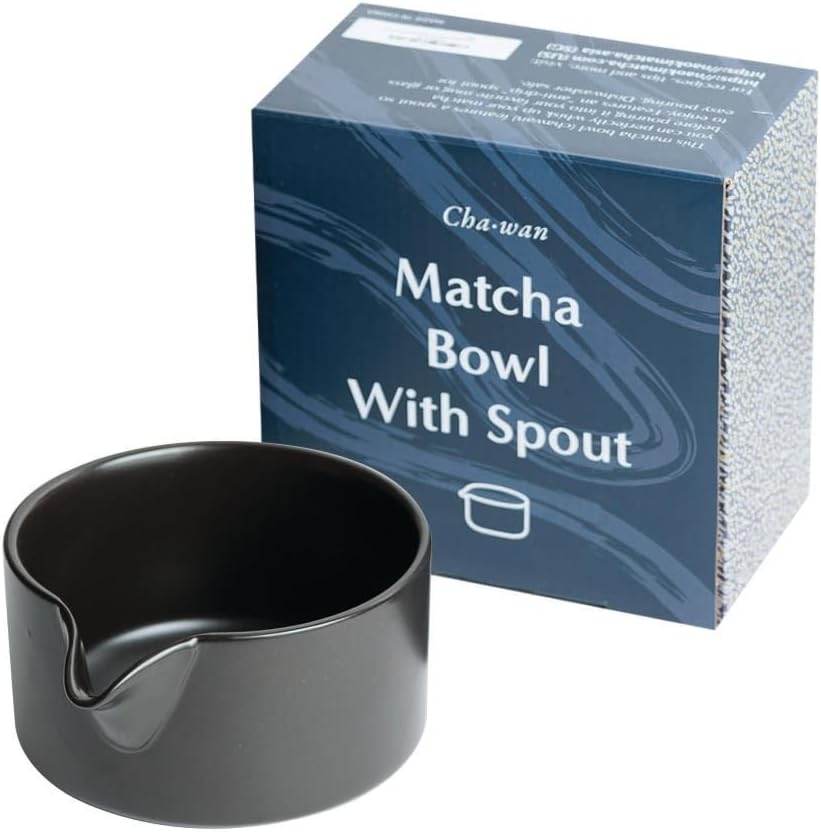 Naoki Matcha Traditional Ceramic Chawan Matcha Tea Bowl with Pour Spout Set - Hand Made Ceramic with Black Matte Glaze - For Perfectly Whisked Matcha Green Tea (18 Ounce)