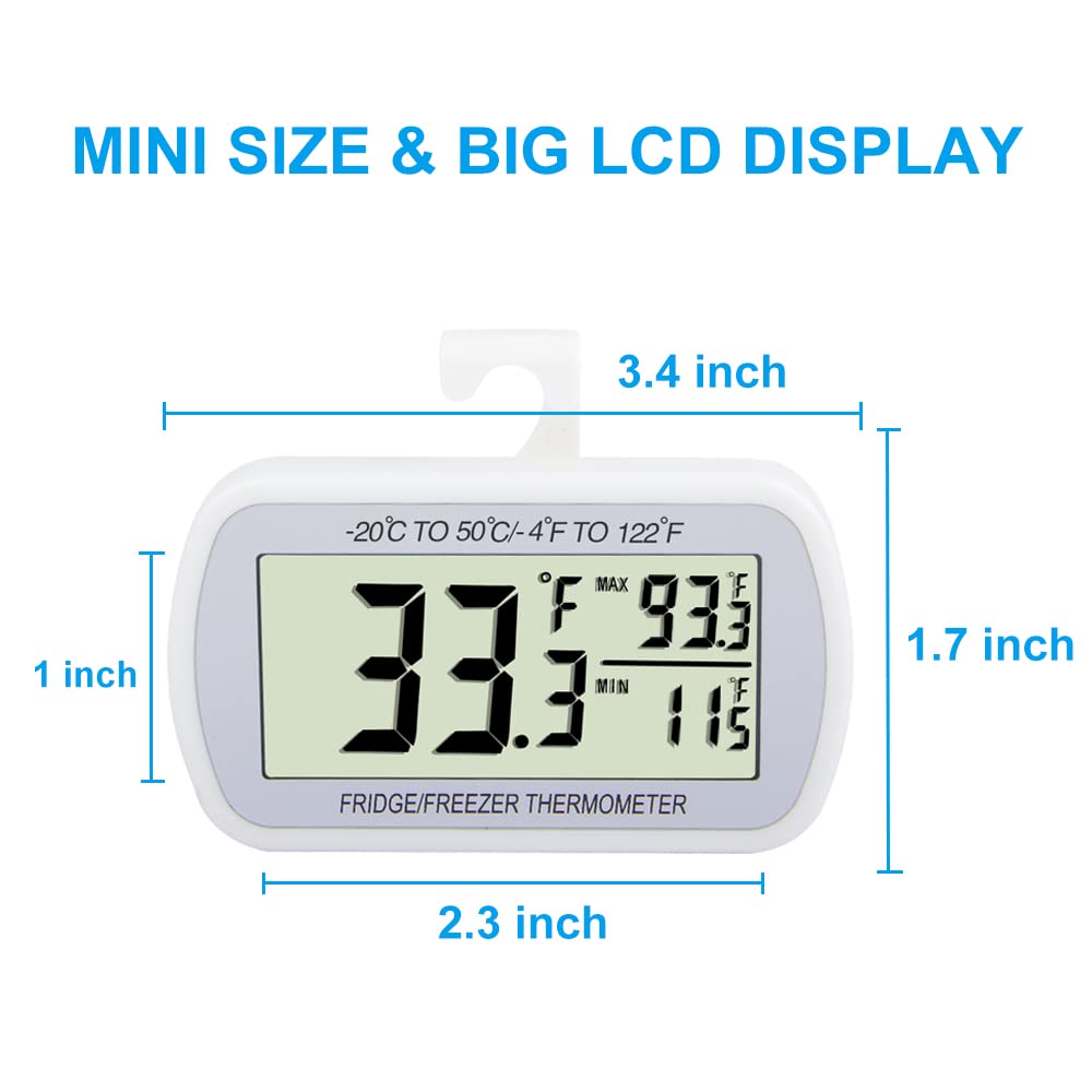 Waterproof Refrigerator Fridge Thermometer, Digital Freezer Room Thermometer, Max/Min Record Function Large LCD Screen and Magnetic Back for Kitchen, Home, Restaurants (2 Pack)
