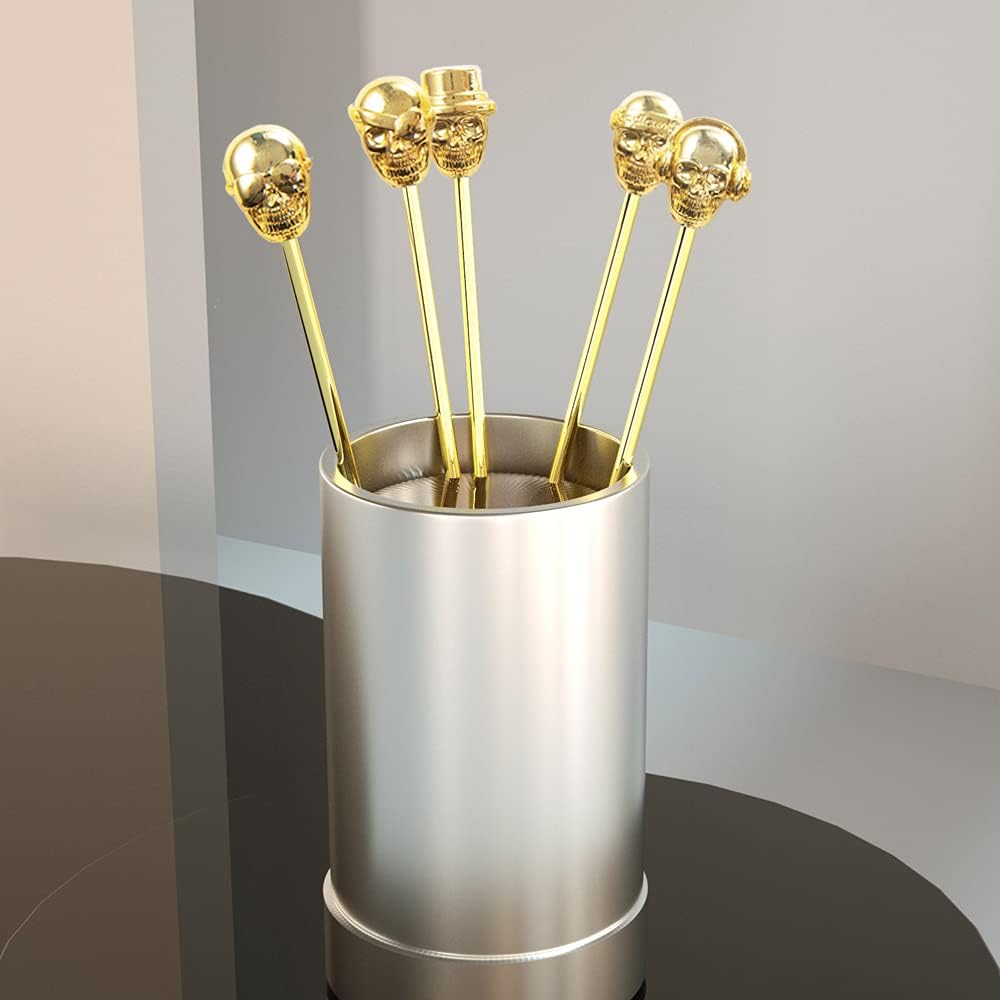 Skull Shape Swizzle Sticks, Reusable Stainless Steel Coffee Beverage Stirrers Cocktail, 5-Pack Drink Stir Sticks for Bar Party Home Office (Gold)