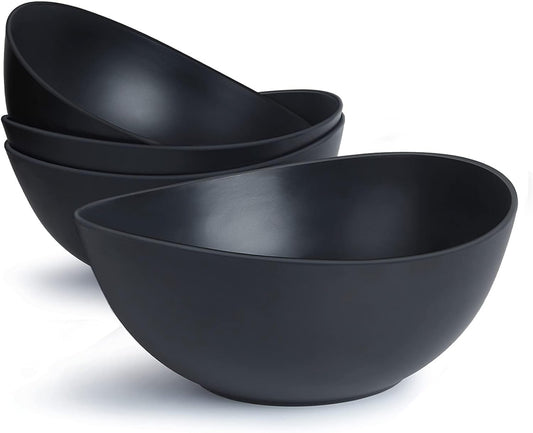 9.6'' Serving Bowls, 84oz Bamboo Fiber Salad Set of 4, Large for Kitchen, Deep Oval for Salad, Vegetable, Fruit, Pasta, Ramen, Lightweight & Easy to Clean (Matte Black)
