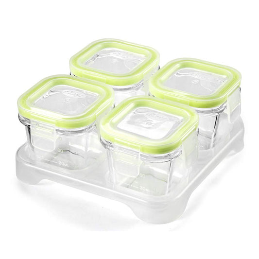 Matyz 4-Pack Glass Baby Food Storage Containers with Airtight Lids and Stackable Tray (Green, 3 OZ Each) - Small Freezer Storage Containers for Baby On The Go - Air Tight Food Storage Containers