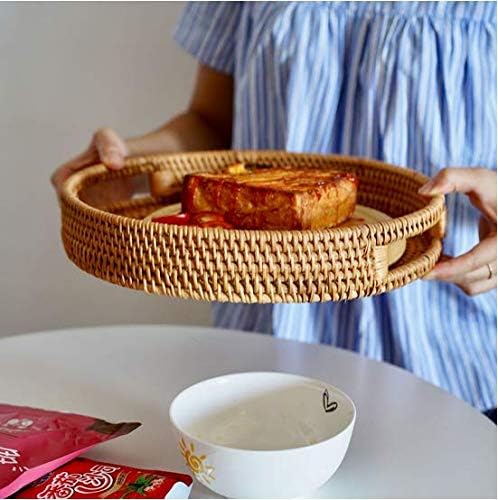 YANGQIHOME Rattan Round Serving Tray, Decorative Coffee Table Tray, Hand Woven Serving Basket with Handles, Ottoman Wicker Fruit/Bread Serving Basket, 13.8 inch