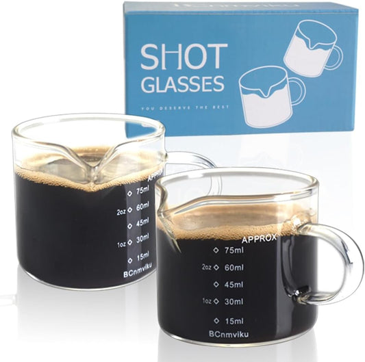 BCnmviku 2 PACK Espresso Glass Measuring Cup Triple Pitcher Milk Cup 75ML Espresso Cups with Handle Shot Glass with V-Shaped Mouth Clear Accessories Milk Frothing Pitcher (2)