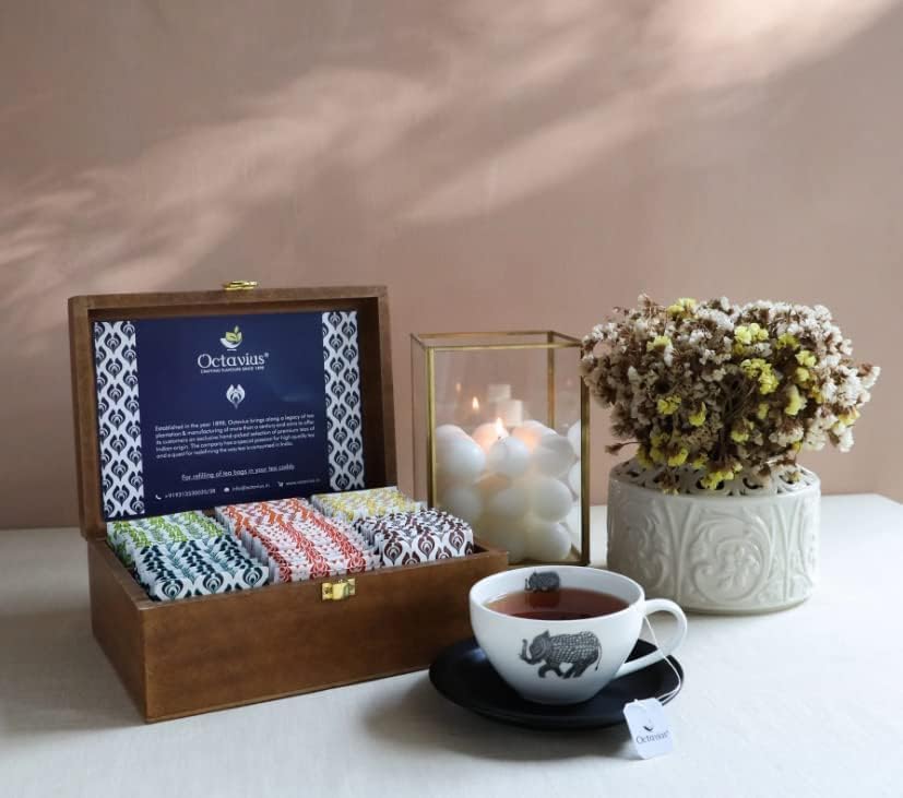 Octavius Gift's Select - Assorted Tea in Elephant Printed Wooden Box | 6 Flavors, 90 Tea Bags | Black & Green | Tea Gifts for Women & Men | Tea Variety Pack Gift Box