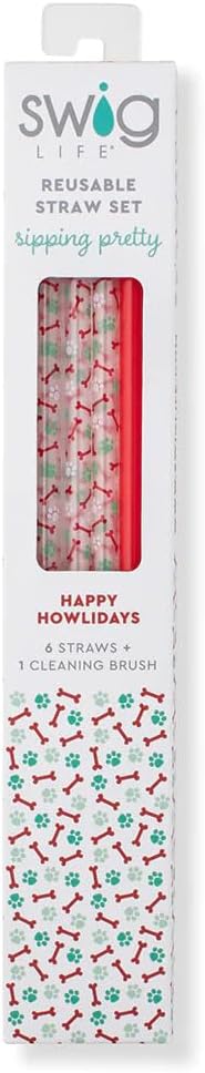 Swig Life Reusable Straws Happy Howlidays + Red Tall Straw Set & Cleaning Brush, Each Straw is 10.25 inch Long (Fits Swig Life 20oz Tumblers, 22oz, and 32oz Tumblers)