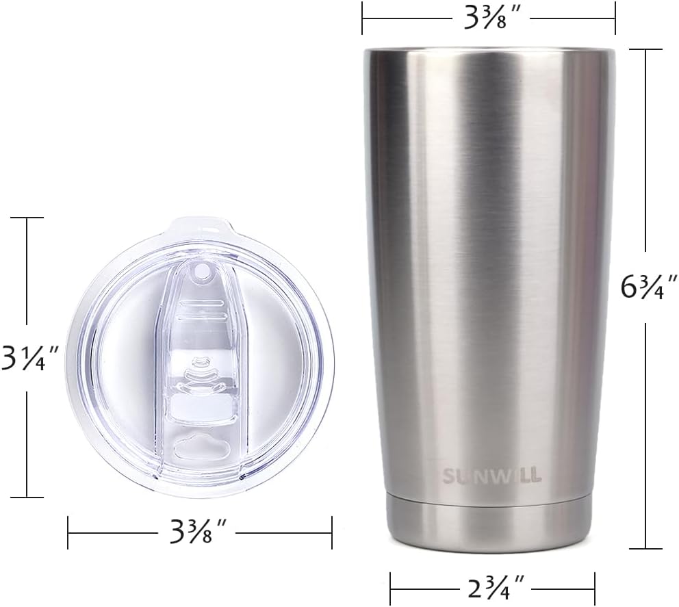SUNWILL Travel Coffee Tumbler 20 oz, Stainless Steel Mug with Lid, Insulated Cup for Water, Tea, Hot and Cold Drinks, Silver