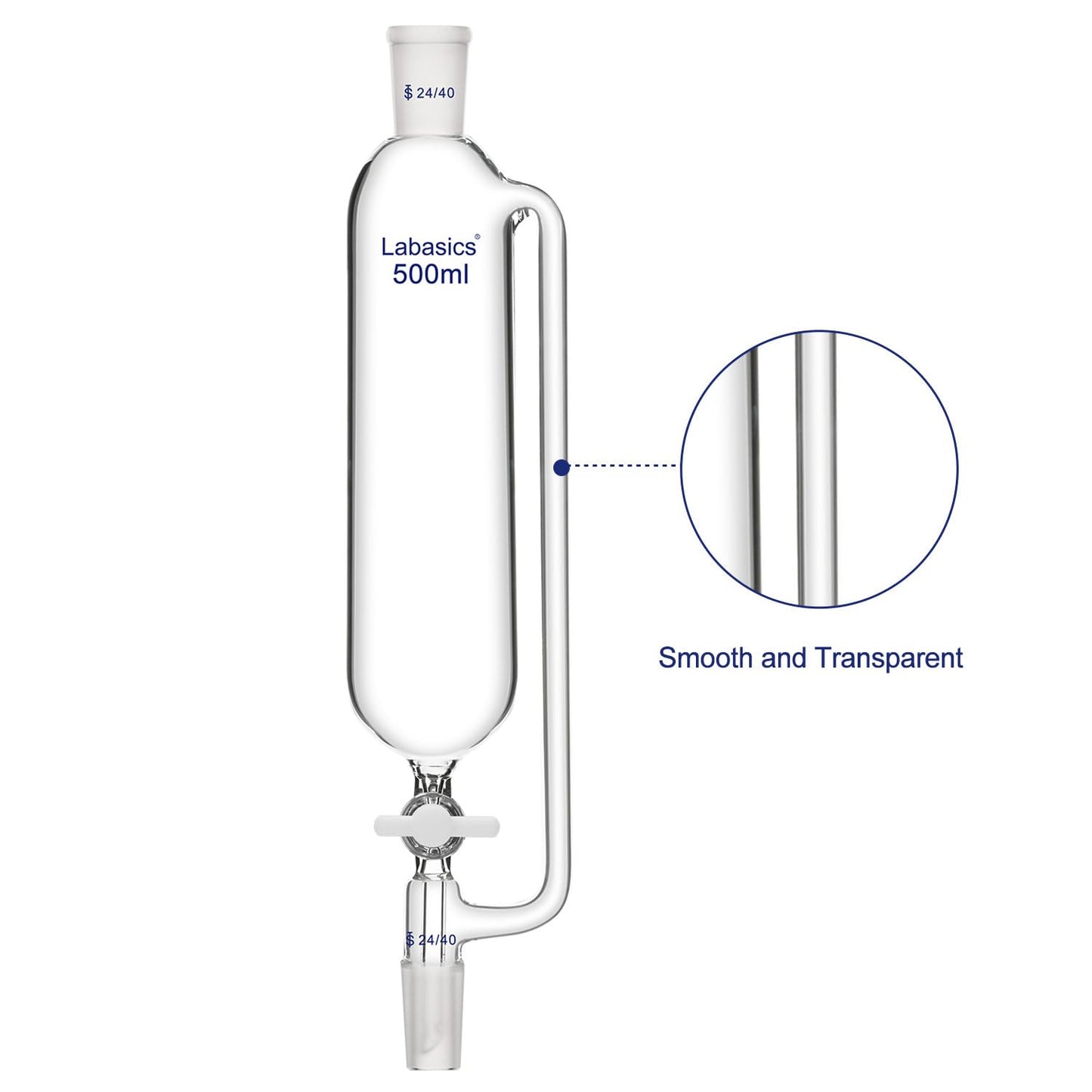Labasics 500 ml Pressure Equalizing Addition Funnel, Borosilicate Glass Dropping Funnel 24/40 Joint with PTFE Stopcock for Laboratory