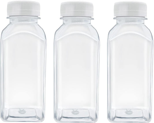 3 Pcs 8 Ounce Plastic Juice Bottles, Reusable Bulk Beverage Containers for Juice, Milk and Other Beverages, White lid