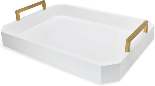 Decorative Acacia Wood Ottoman Tray - Coffee Table Tray - Breakfast, Party, Drinks, Snack, Liquor Serving Platter - Farmhouse to Modern - Brass Handles (Moonlight White)