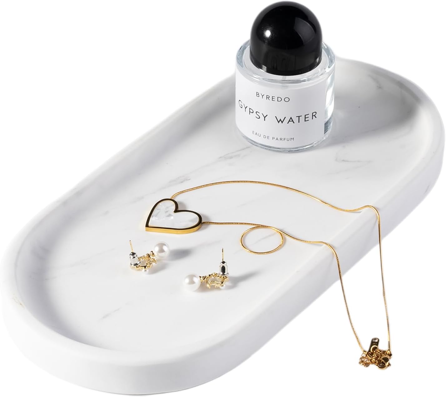 Koville White Marble Oval Tray for Bathroom Countertop, 10" x 5" Natural Marble Vanity Trays, Stone Perfume Organizer Tray for Decor, Jewelry Dish Perfume Trays for Dresser
