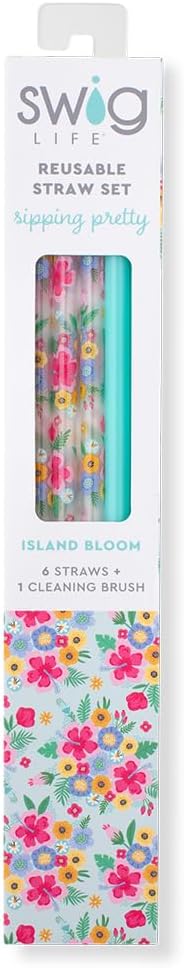 Swig Life Reusable Straws Island Bloom + Aqua Tall Straw Set & Cleaning Brush, Each Straw is 10.25 inch Long (Fits Swig Life 20oz Tumblers, 22oz, and 32oz Tumblers)