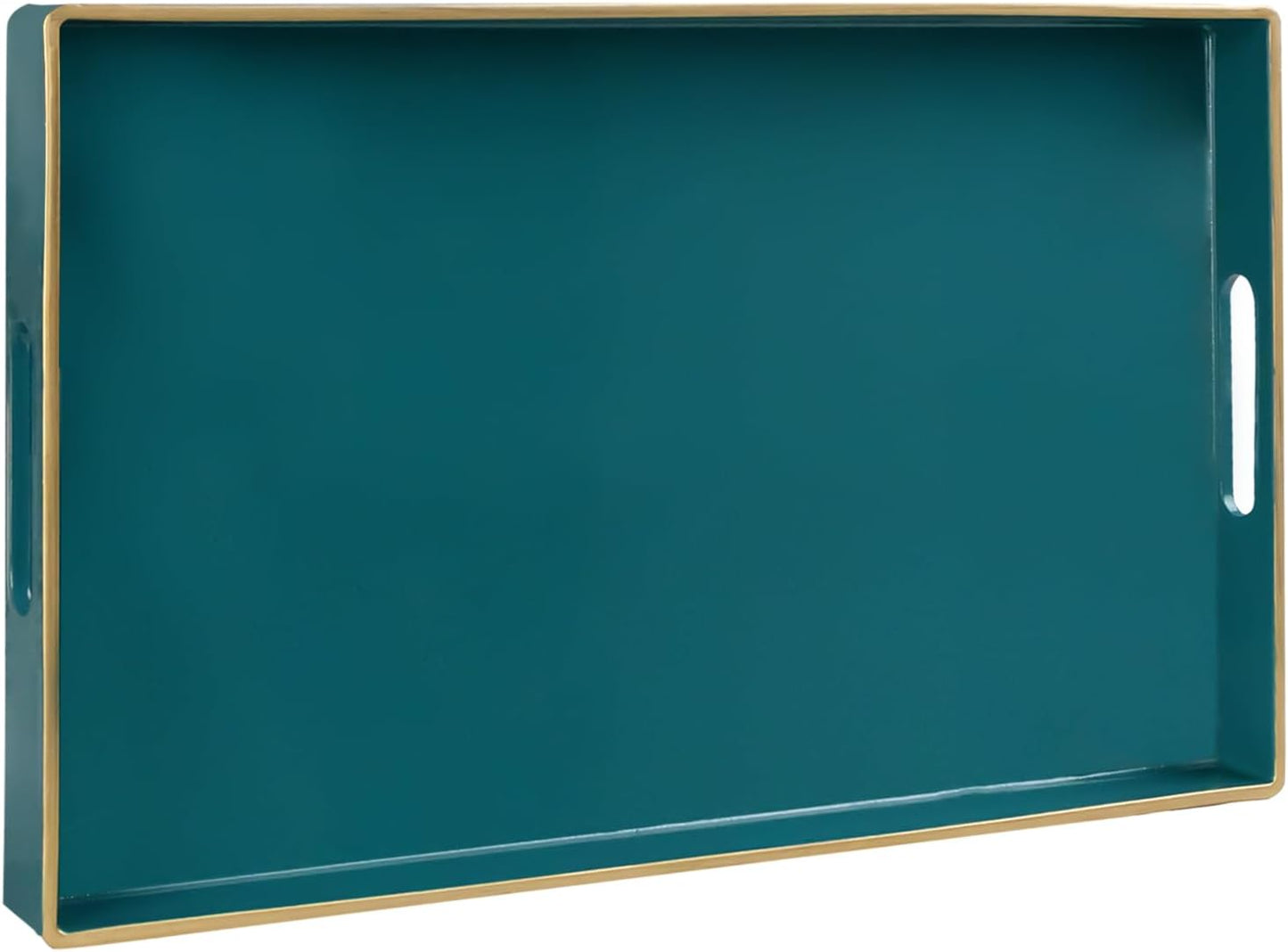 MAONAME Teal Serving Tray with Handles, Modern Decorative Tray for Coffee Table, Plastic Rectangular Trays for Ottoman, Bathroom, Decor, 15.8” x 10.2” x1.4