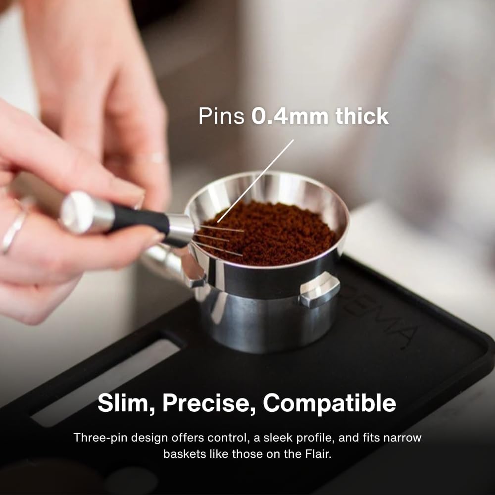 Crema Coffee Products Weiss Distribution Technique (WDT) Tool | Even Coffee Ground Distribution for Better Extraction | Stainless Steel with Silicone Grip | Includes 6 Pins & Storage Vault | White