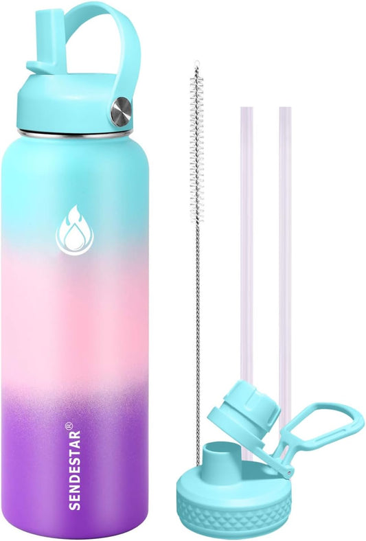 SENDESTAR Water Bottle 40oz Double Wall Vacuum Insulated Leak Proof Stainless Steel Sports Water Bottle—Wide Mouth with New Flex Straw Lid & Spout Lid (Hydrangea)