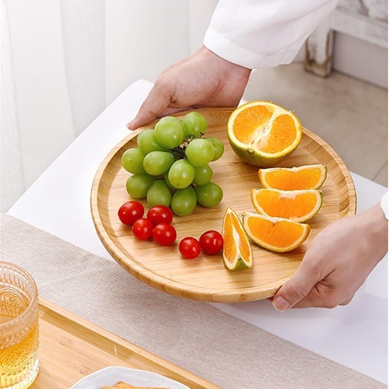 Round Bamboo Tray, Wood Serving Tray, Wooden Platter, Wood Charcuterie Board, Decorative Tray for Coffee Table, 9.8 inch
