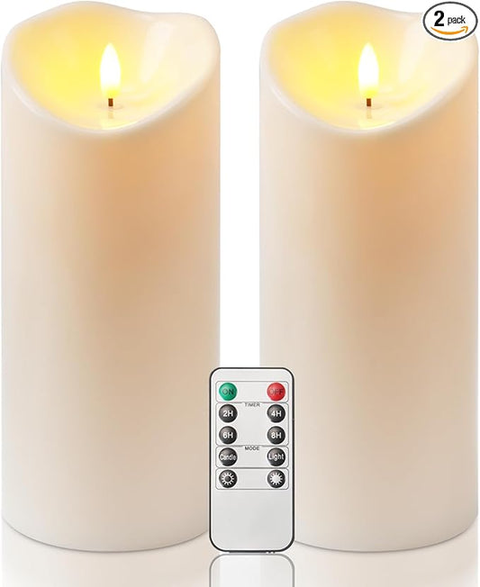 Homemory 4"x9" Outdoor Waterproof Flameless Candles with Timers and Remote Control, Battery Operated Candles, LED Plastic Candles, Ivory White, Set of 2