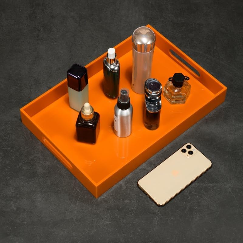 Orange Sturdy Acrylic Serving Tray with Handles-10x15Inch-Serving Coffee,Food,Breakfast,Butler-Kitchen Countertop Tray-Makeup Drawer Organizer-Vanity Table,Ottoman Tray-Decorative Tray