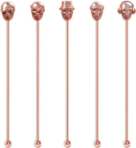 Skull Shape Swizzle Sticks, Reusable Stainless Steel Coffee Beverage Stirrers Cocktail, 5-Pack Drink Stir Sticks for Bar Party Home Office (Rose Gold)