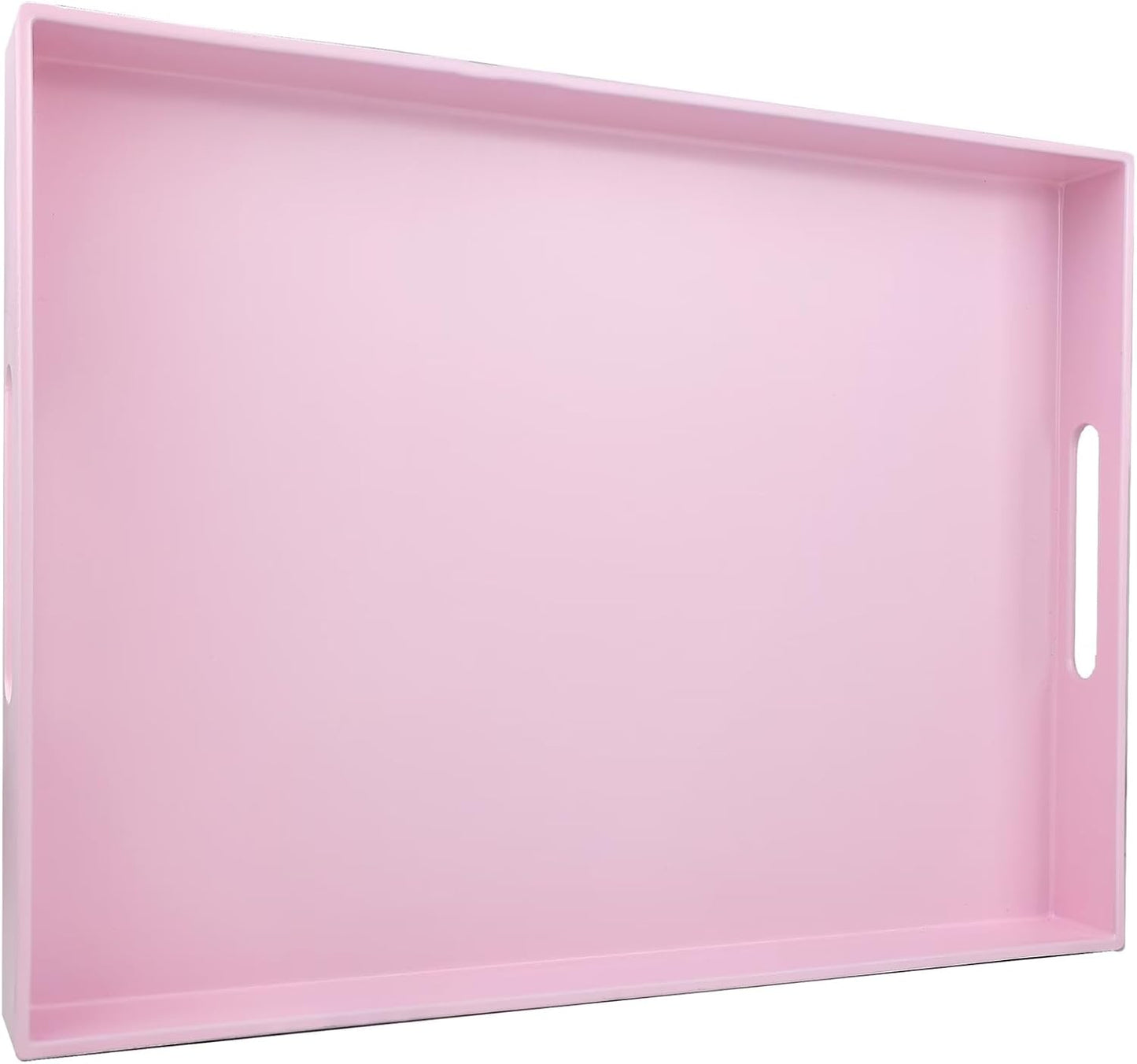 Pink Serving Tray for Coffee Table, Rectangular Plastic Decorative Tray with Handles for Entertaining, Outdoor Patio, Living Room, Ottoman, Bathroom Counter, 11.8”*15.7”*1.6”