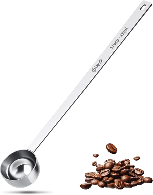 304 Stainless Steel Coffee Scoop 1 Tablespoon, Long Handle Measuring Scoop for Deep Jars, Dishwasher Safe, Engraved TBSP/ML Markings