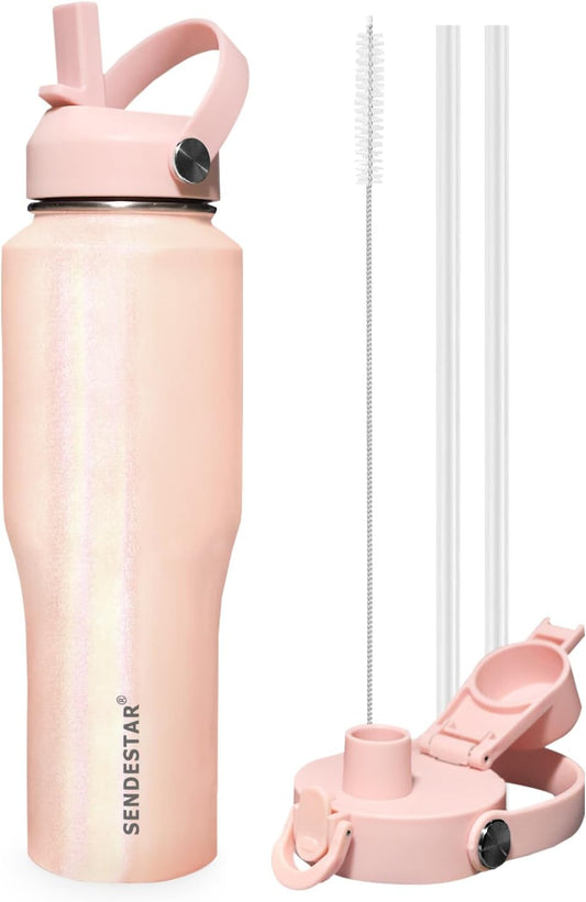 SENDESTAR 32oz Stainless Steel Water Bottle(Cold for 48 Hrs, Hot for 24 Hrs),Double Wall Vacuum Insulated Bottle with Straw Lid, Spout Lid and Flex Cap, Fit in Any Car Cup Holder TXIN-32-Laser Grey