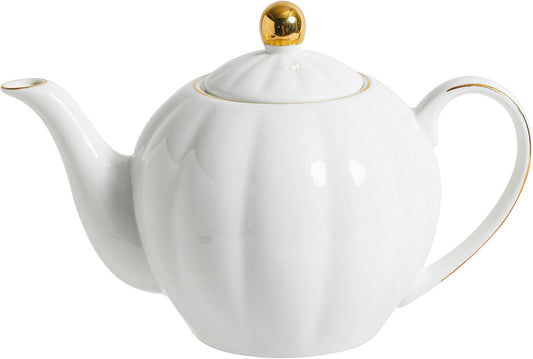 36oz White Porcelain Teapot with Gold Trim, Large Ceramic Teapot for Loose Leaf Tea & Tea Bags, Elegant Tea Party, Gift for Tea Lovers, Classic Design